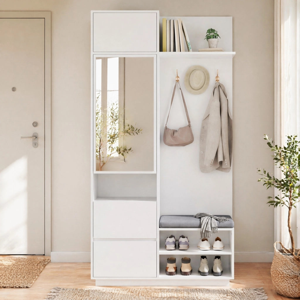 Mobile ingresso 5 in 1 con specchio; panca e scarpiera 90x34;5x190 cm; bianco in MDF