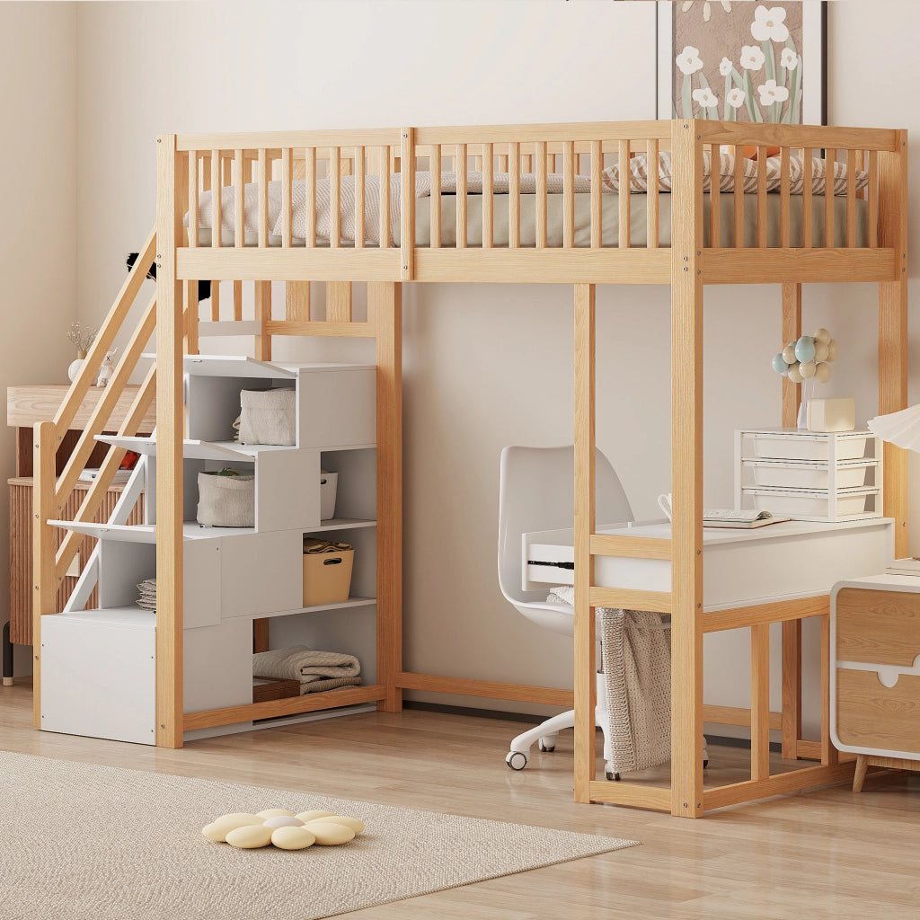 Letto a Soppalco 90 x 200 cm; Letto Singolo con Scrivania e Scala Contenitore; senza Materasso