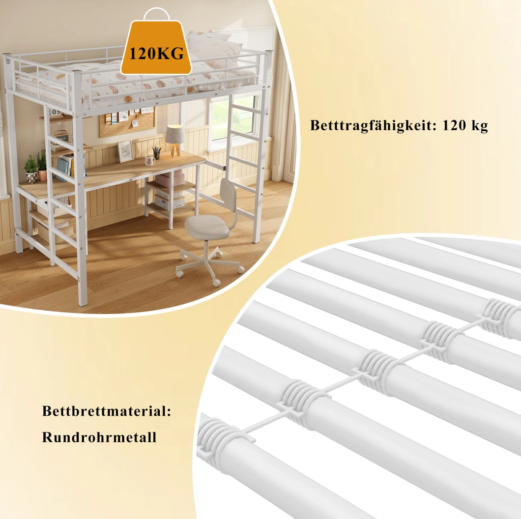 Letto a soppalco 90x200 cm con scrivania e ripiani bianco
