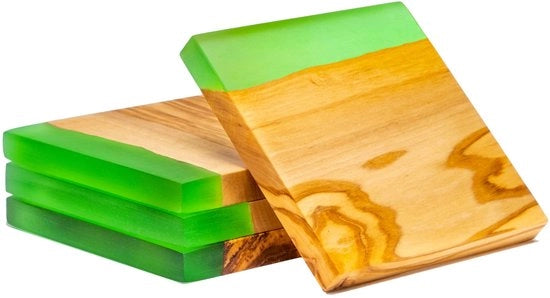 Set di 4 Sostegni in Legno di Olivo e Resina Epoxy, per Bicchieri, Tazze, Calici, Moccoli, 10 x 10 x 1,2 cm, Verde