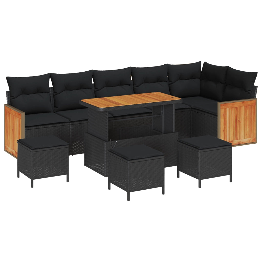 Set Divano Giardino 10 Pezzi con Cuscini Polyrattan Nero Acacia