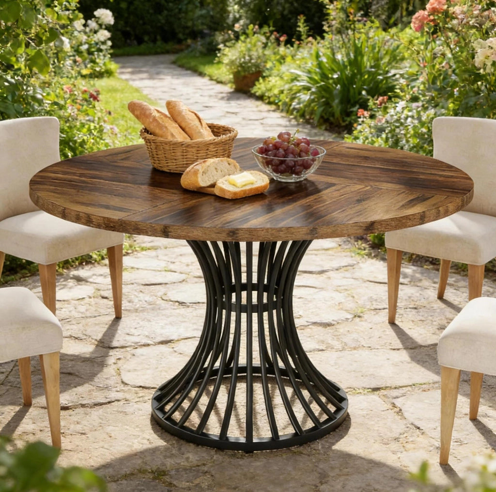 Tavolo da pranzo rotondo 119x119x76 cm MDF nero e marrone rustico per 6 persone