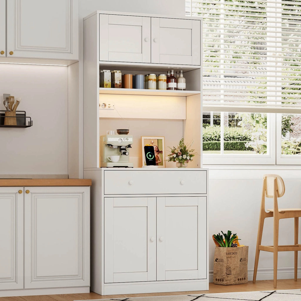 Credenza cucina multifunzione 72x40x180 cm con LED; prese USB e finitura bianca in MDF