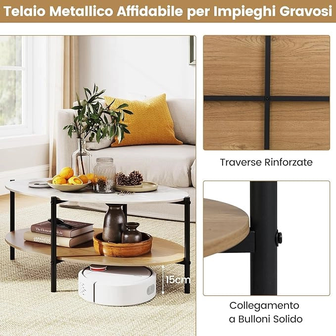 Tavolino da Caffè Ovale a 2 Livelli con Piano in Pietra, Tavolo da Caffè con Struttura in Metallo e Ripiano Aperto, Tavolino per Soggiorno o Sala d'Attesa