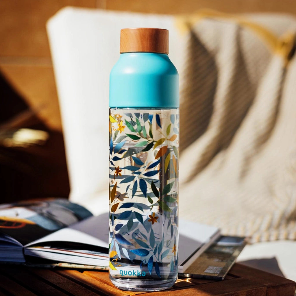 Bottiglia d'acqua Ice 840ml con tappo in legno e motivo foglie ad acquerello Turchese Quokka