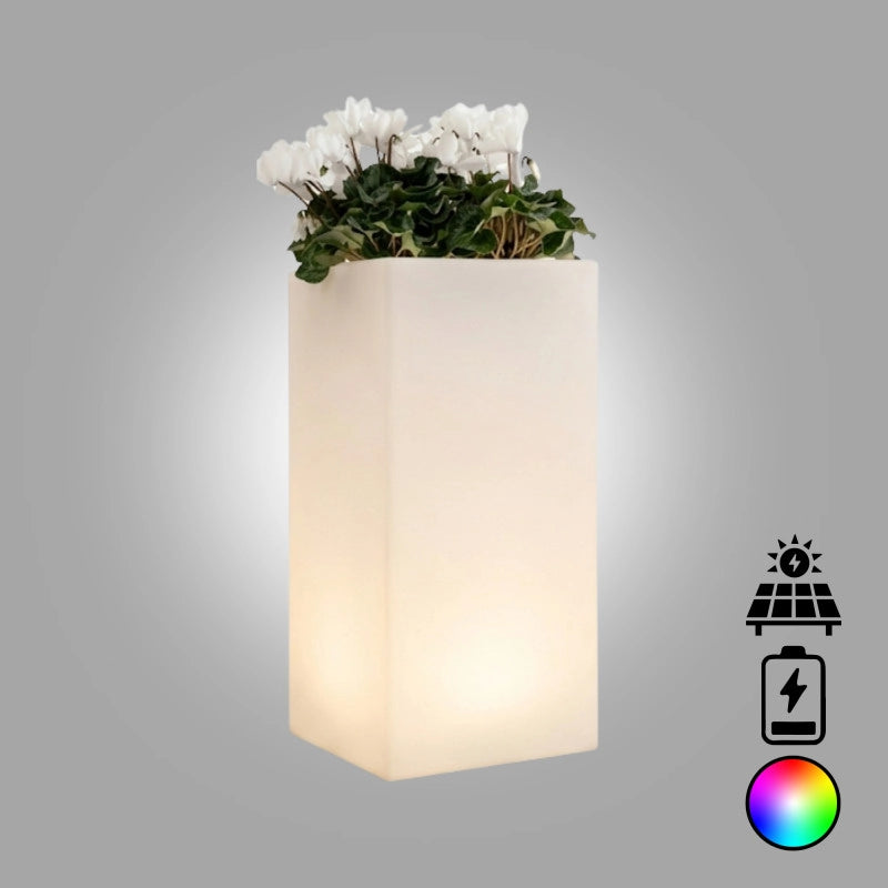 Vaso luminoso alto moderno di design 40x40 H80 in polimero resistente con LED multicolor con bateria e solare per interno ed esterno - Made in Italy