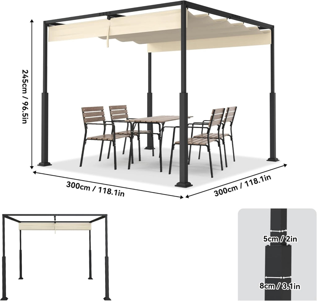 Pergola 3x3m, baldacchino impermeabile, stabile invernale, gazebo con ombreggiatura regolabile, protezione solare per giardino, terrazza e balcone, beige