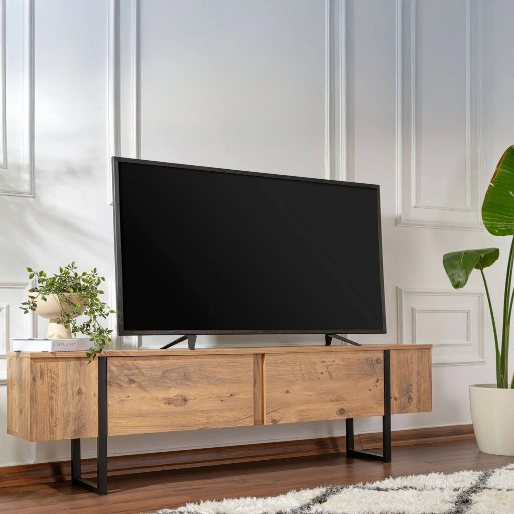 Mobile porta TV Lilith, Credenza da soggiorno, Armadio basso per TV, Base parete attrezzata, 180x30 h50 cm, Pino e Nero