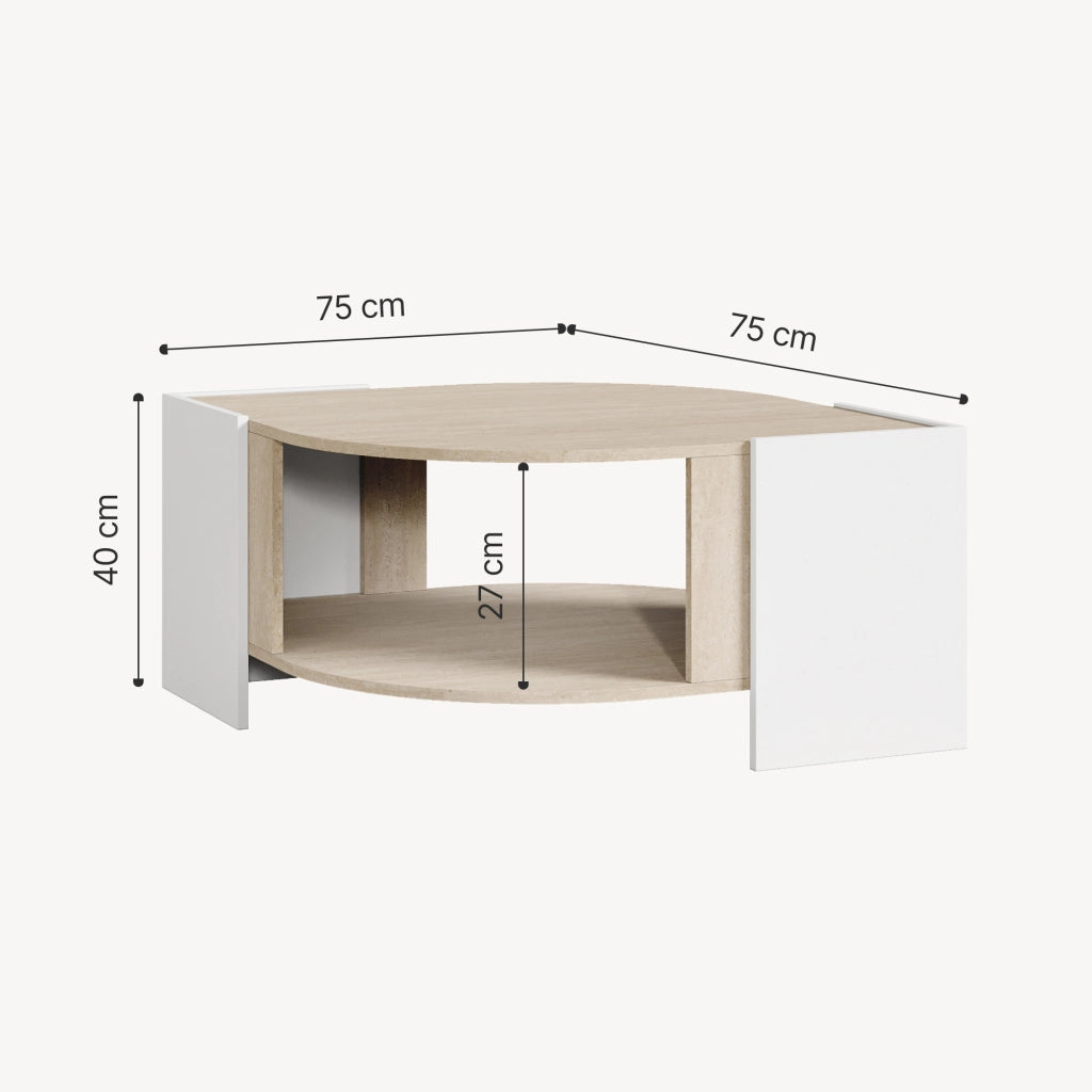 Tavolino Centrale da Salotto Klipsari con Piano Curvo 75 x 75 x 40 cm - Bianco / Color Avorio Travertino [en.casa]