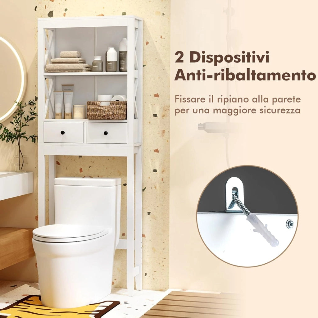 Mobile Sopra Lavatrice, Armadietto da Bagno Indipendente Alto 165 cm con Ripiani Aperti, Cassetti e Barra Inferiore Regolabile, Mobile Sopra WC Salvaspazio, 60 x 20,5 x 165 cm