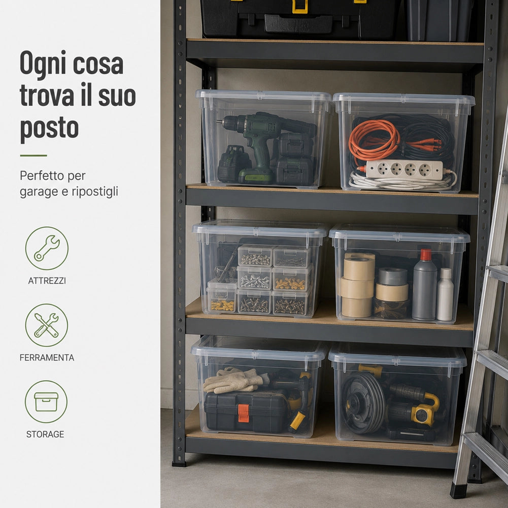 Set 4 Pezzi Contenitori con Coperchio 57x39x29 cm Storage Box Marea Capienza 46L in Plastica Trasparente