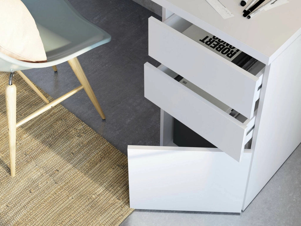 Scrivania Alko, Scrittoio reversibile con 3 cassetti, Tavolo ufficio salvaspazio multiposizione, 138x60h74 cm, Bianco