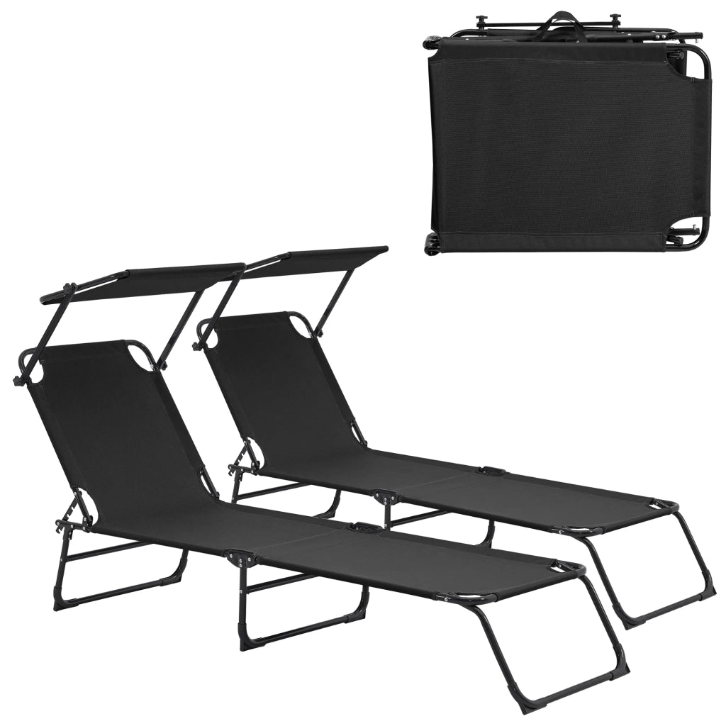 Set di 2 lettini prendisole pieghevoli 190 cm con tettuccio parasole acciaio nero 03_0004513