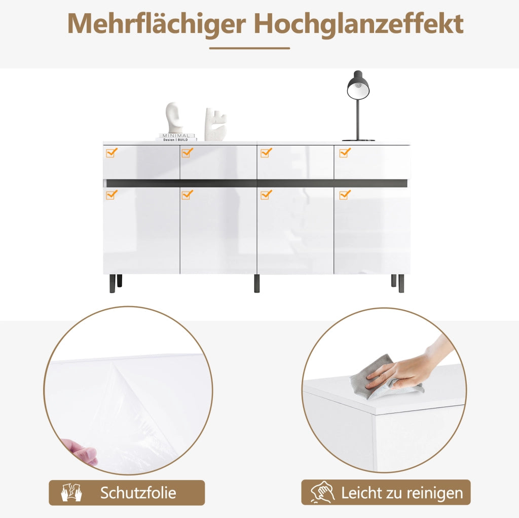 Credenza bianca lucida 160 cm con 4 cassetti e ripiani regolabili