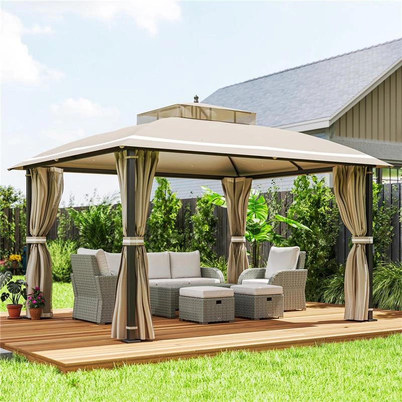 GAZEBO DA GIARDINO 3.7 X 3 M CON ZANZARIERA TENDE LATERALI E DOPPIO TETTO BEIGE