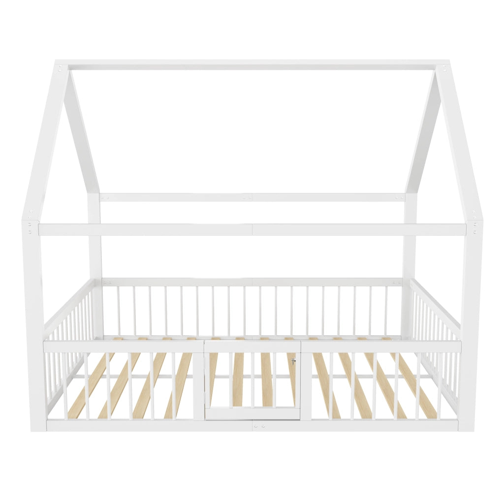 OKWISH Letto a casetta 140×200 cm, Letto Matrimoniale con Sponda di Sicurezza e Cancelletto, senza Materasso, in Metallo, Bianco