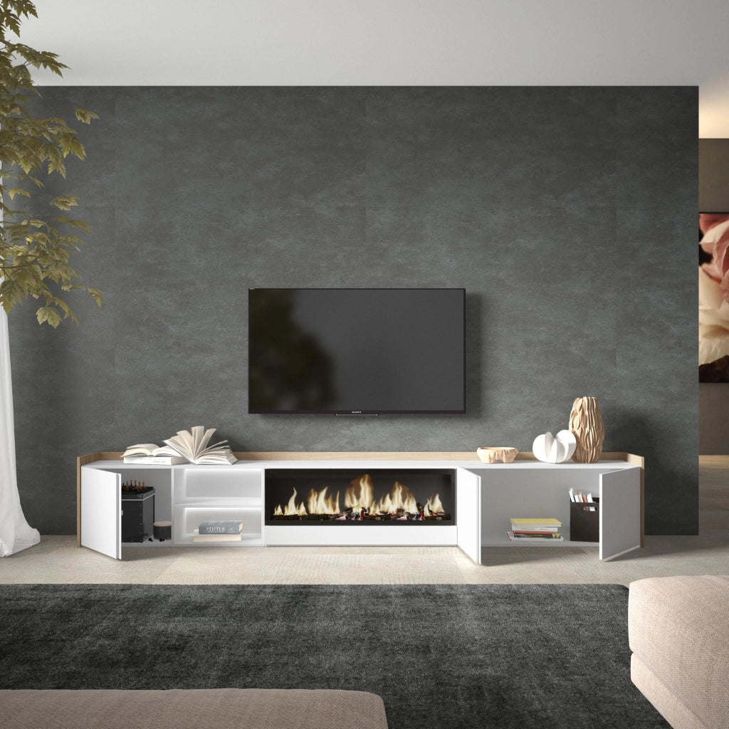 Mobile TV Soggiorno, 315x50x35 cm, Per TV fino a 80", Camino elettrico XXL, LED, Bianco e Rovere soft