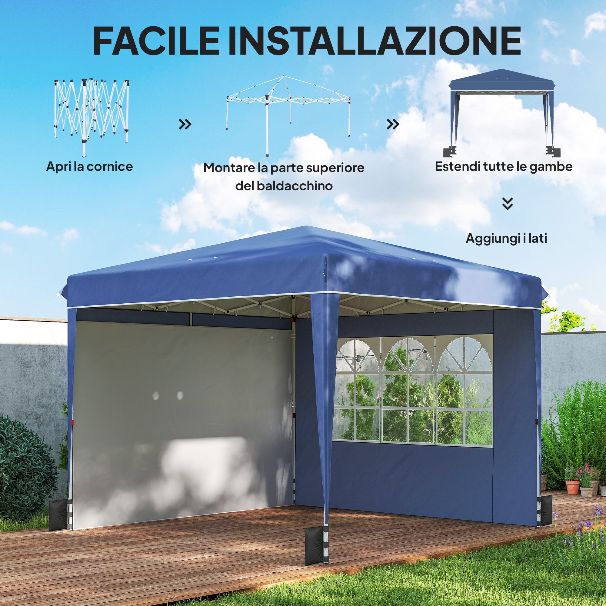 Gazebo Pieghevole 3x3 m con Pareti e Altezza Regolabile Protezione UV 50+ Blu Scuro