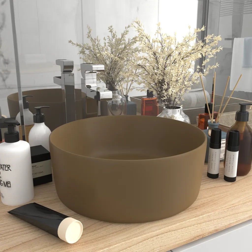 Lavandino Lusso-Lavabo-Lavello Rotondo Crema Opaco 40x15 cm in Ceramica