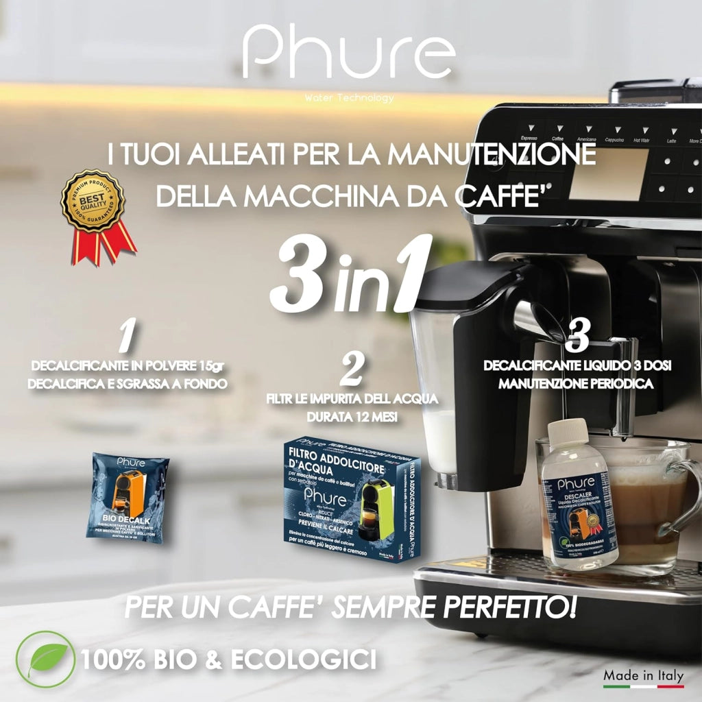 PHURE Decalcificante per Macchine da Caffè e Bollitori, Sgrassa, Elimina e Previene il Calcare, Filtro Impurità Acqua Kit Manutenzione 3 in 1 100% Bio ed Ecologici