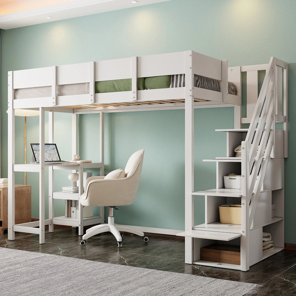 Letto a Soppalco con Vano Contenitore e Mensola ¨C MINIMAL ¨C Massello Pino, Rete a Doghe, Bianco, 90x200
