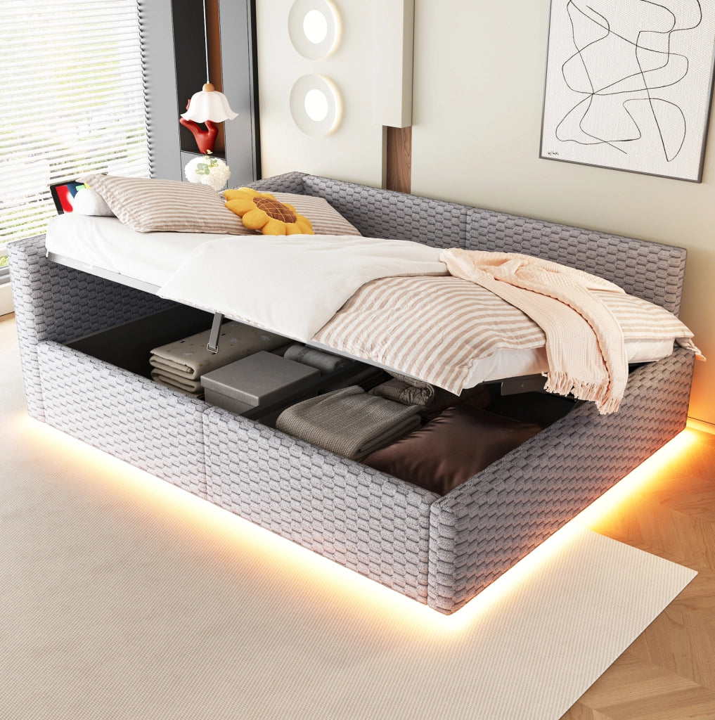 Letto imbottito 140x200 cm con contenitore, LED e porte USB/Type-C