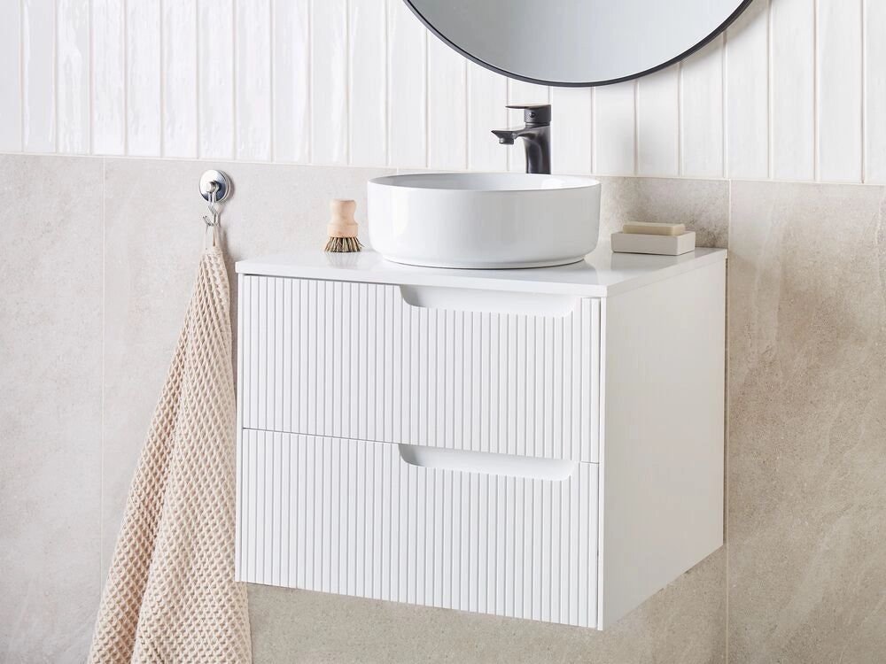 Mobiletto da bagno a parete con frontale scanalato 2 cassetti bianco 60 x 52 cm stile elegante moderno