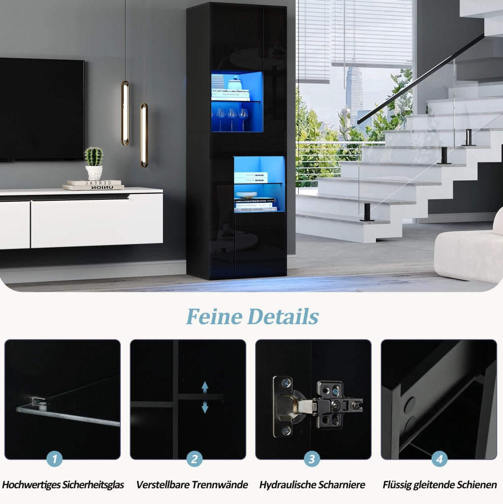Vetrina alta LED nera 55x38x170 cm con 1 cassetto