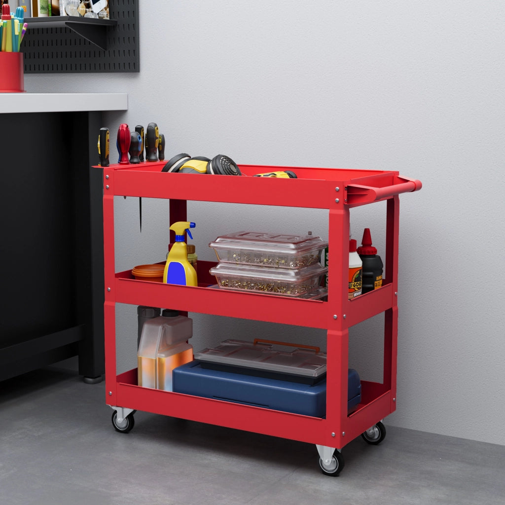 Carrello da lavoro con 3 ripiani e ruote ¨C Zephmum ¨C Rosso, acciaio, 83x35.3x76 cm
