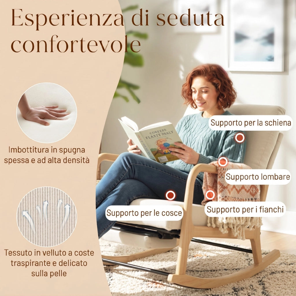 Sedia a Dondolo 70x89x97,5 cm con Poggiapiedi Schienale Reclinabile in Stile Scandinavo in Velluto a Coste Crema