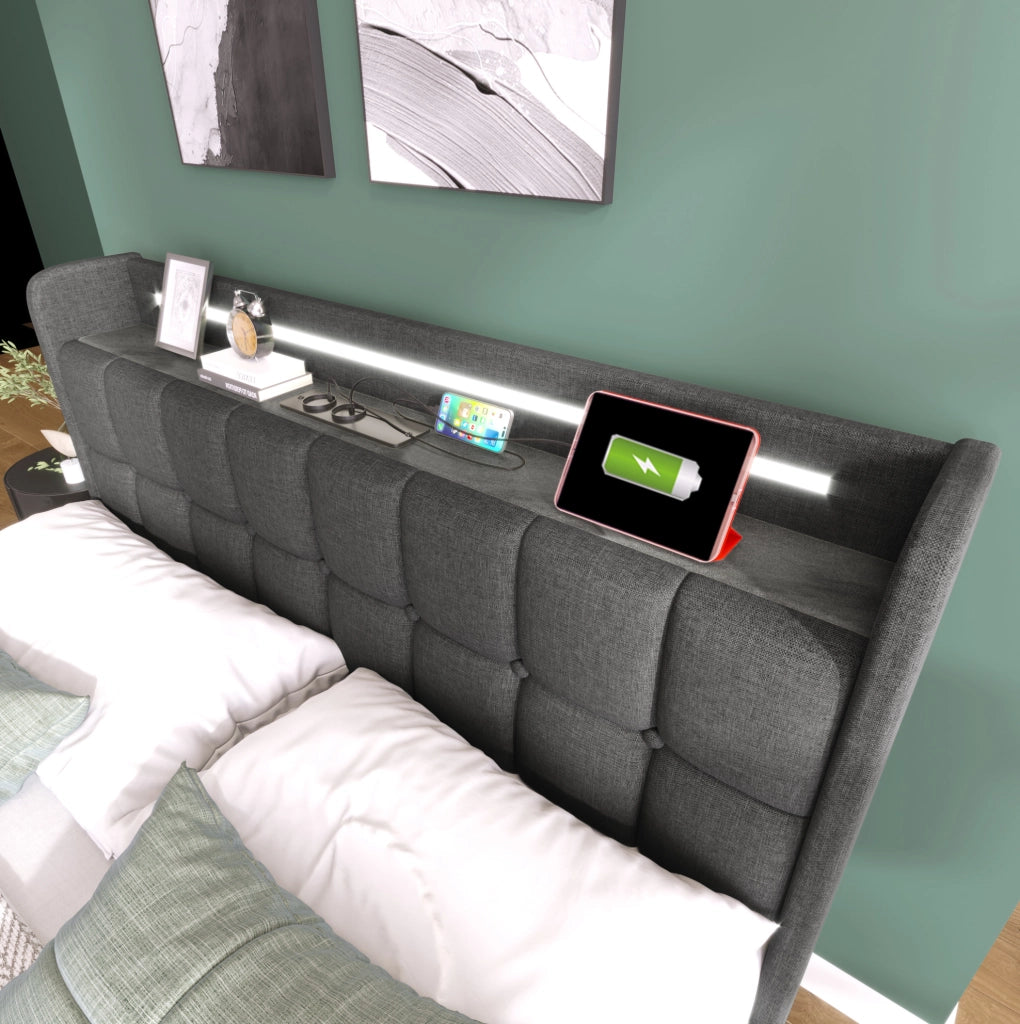 Letto singolo imbottito 90x200 cm con materasso; LED; USB; prese e 2 cassetti; grigio
