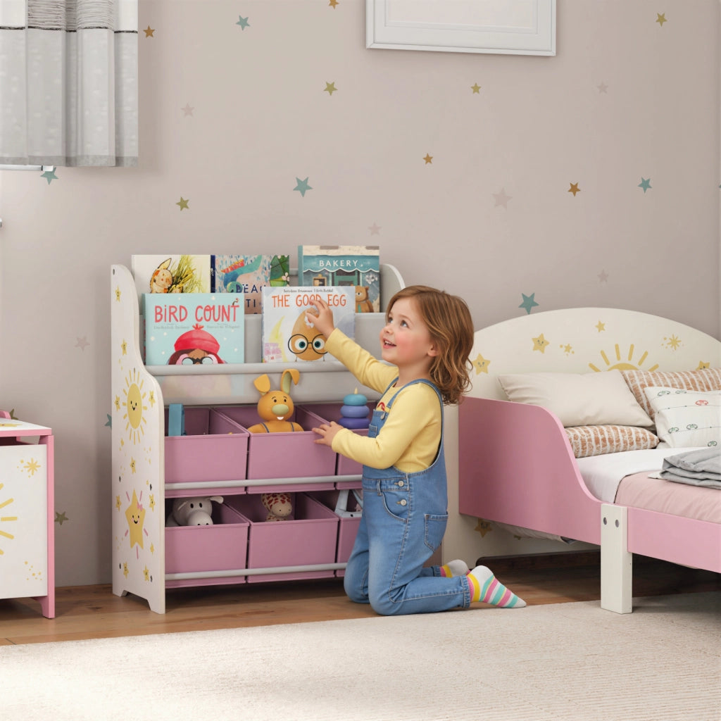 Scaffale Portagiochi con 6 Cassetti in Tessuto e Libreria a 2 Livelli, in Legno e Acciaio, 63x30x71 cm, Rosa