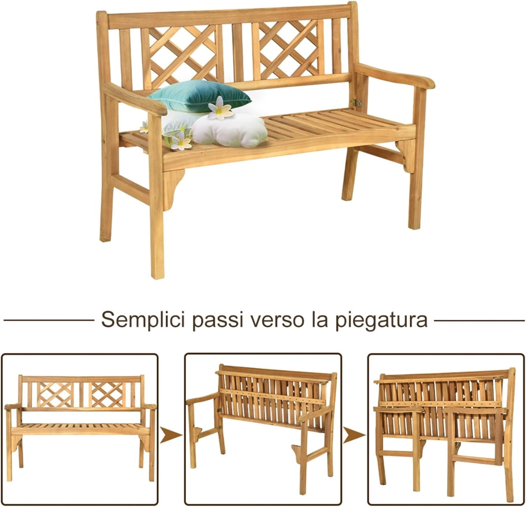 Panchina da Esterno Pieghevole, Panca da Esterno in Legno Massello con Schienale Curvo e Braccioli, Panchina per Giardino, Portico e Balcone, 120 x 56 x 90 cm