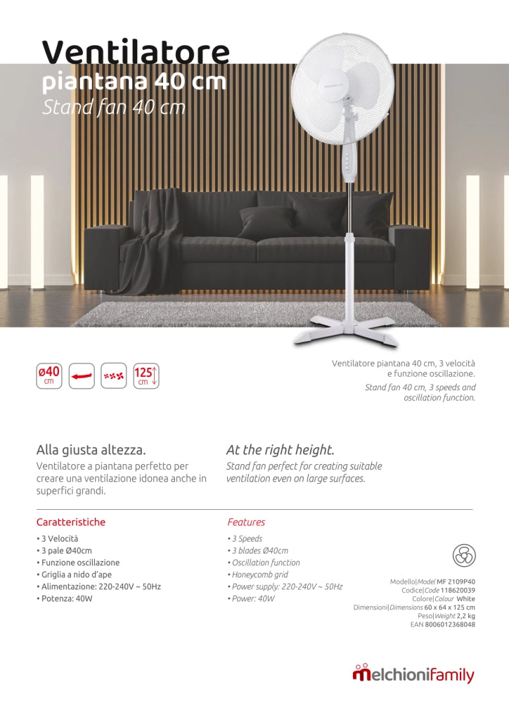 Melchioni family Ventilatore a piantana MF2109P40 3 velocità oscillazione 40W