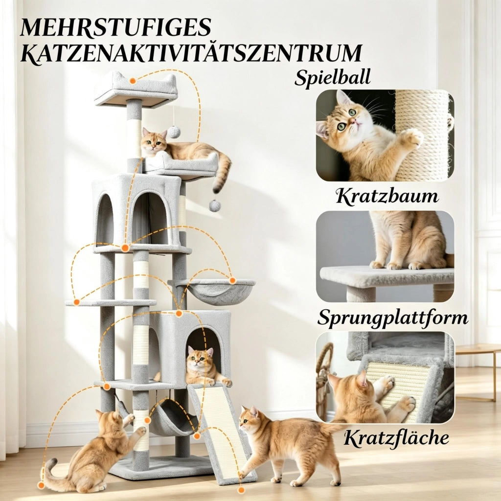 Torre gioco per gatti con 3 piattaforme, 2 nicchie, 2 cucce, 2 amache, 1 gradino, altezza totale 177 cm