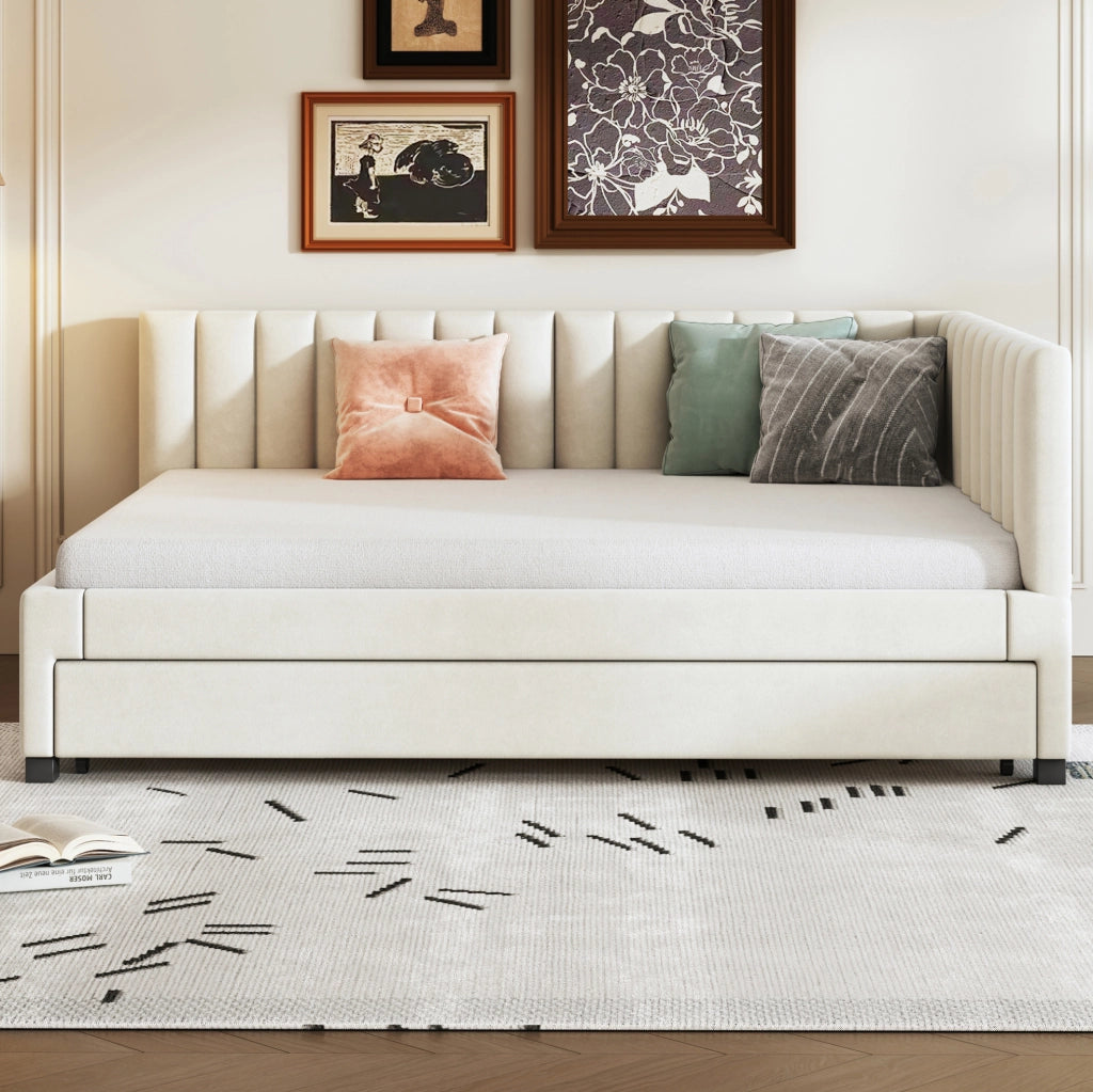 Letto imbottito estraibile 140x200 in velluto beige