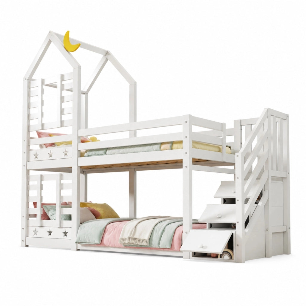 Letto a castello per bambini con cassetti e scala contenitore, 90 x 200 cm, bianco, con reti a doghe