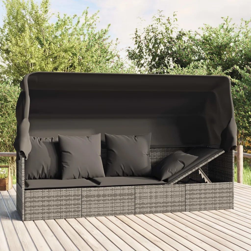 Lettino Prendisole | Sdraio da giardino | Lettino da sole Esterno Tetto e Cuscini Grigio Polyrattan