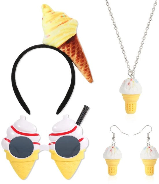 Set accessori 4 pezzi per costume da gelato - Costume da gelato donna - Fascia per capelli - Occhiali da sole - Collare - Orecchini - Abito da carnevale