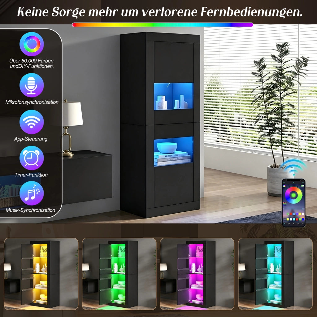 Vetrina con LED e 2 ante, 3 ripiani regolabili e 4 vani, per soggiorno e sala da pranzo, nero, 61 × 42 × 162 cm