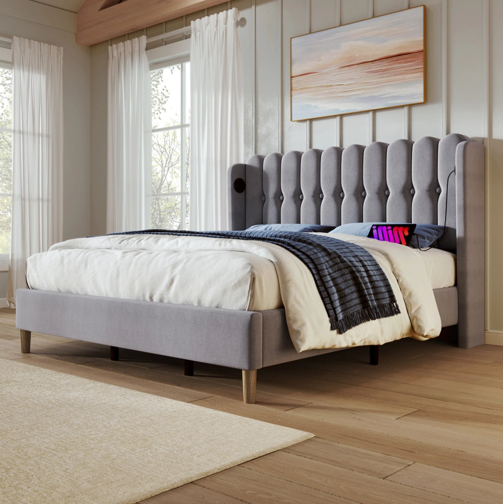 Letto imbottito 140x200 cm grigio con USB e USB-C