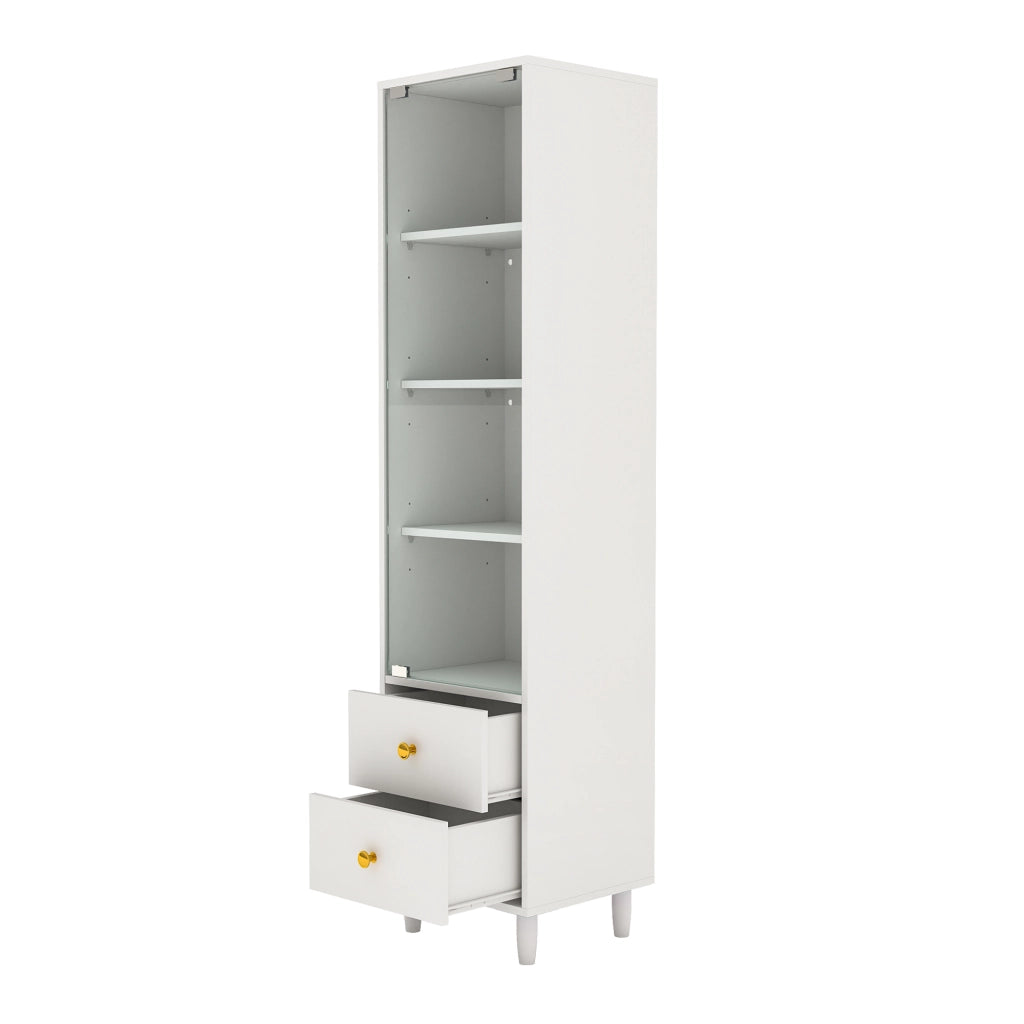 Vetrina moderna con illuminazione LED, ante in vetro, 2 cassetti, bianca, H165 x L40 x P35 cm
