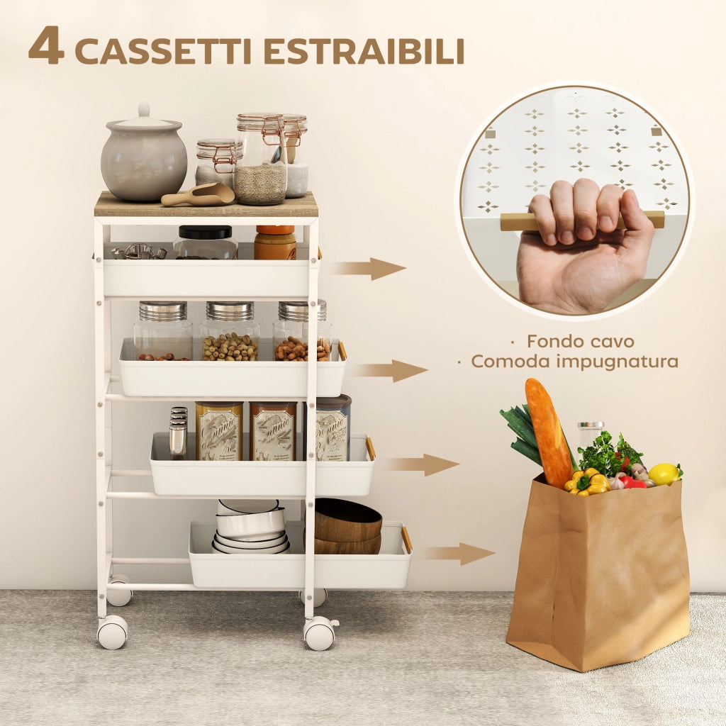Carrello da Cucina a 5 Livelli 39,5x24x82 cm con 4 Cesti Estraibili in PP e Legno Bianco