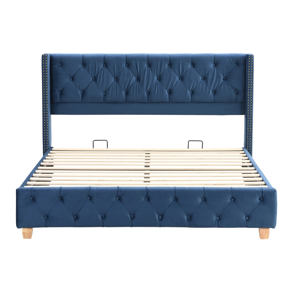Letto imbottito 160x200 cm; testiera capitonn茅; velluto blu (Senza materasso)