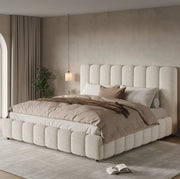 Letto imbottito 160x200 cm con contenitore idraulico; doghe incluse; bouclé bianco
