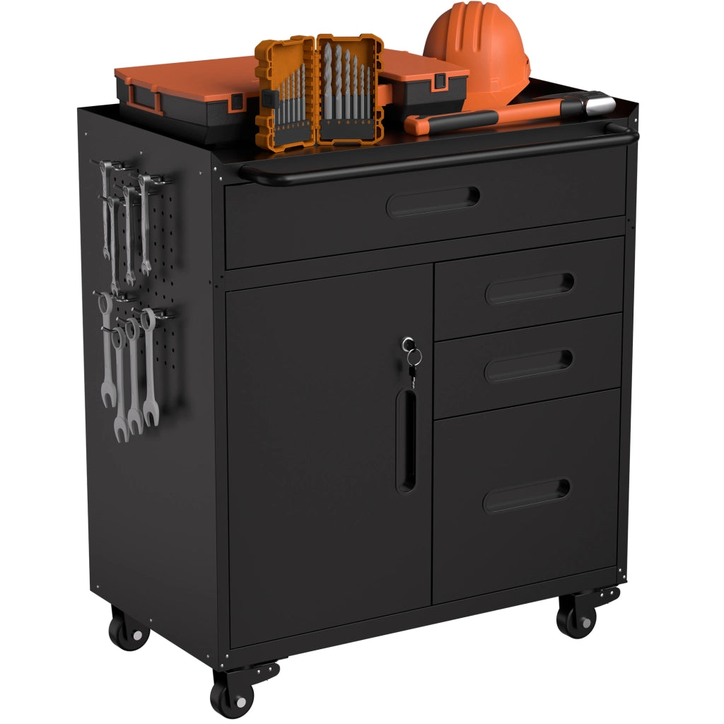 ARMADIO PORTAATTREZZI MOBILE 87,3x75x42 cm Metallo Nero 4 cassetti scomparto chiudibile