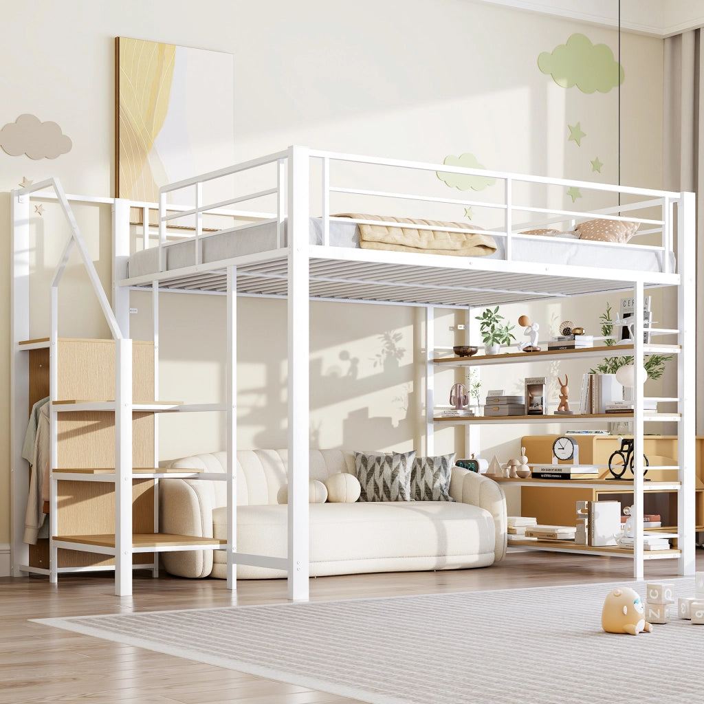 Letto a soppalco 140x200 cm in metallo con scala contenitore; armadietto e ripiani; bianco