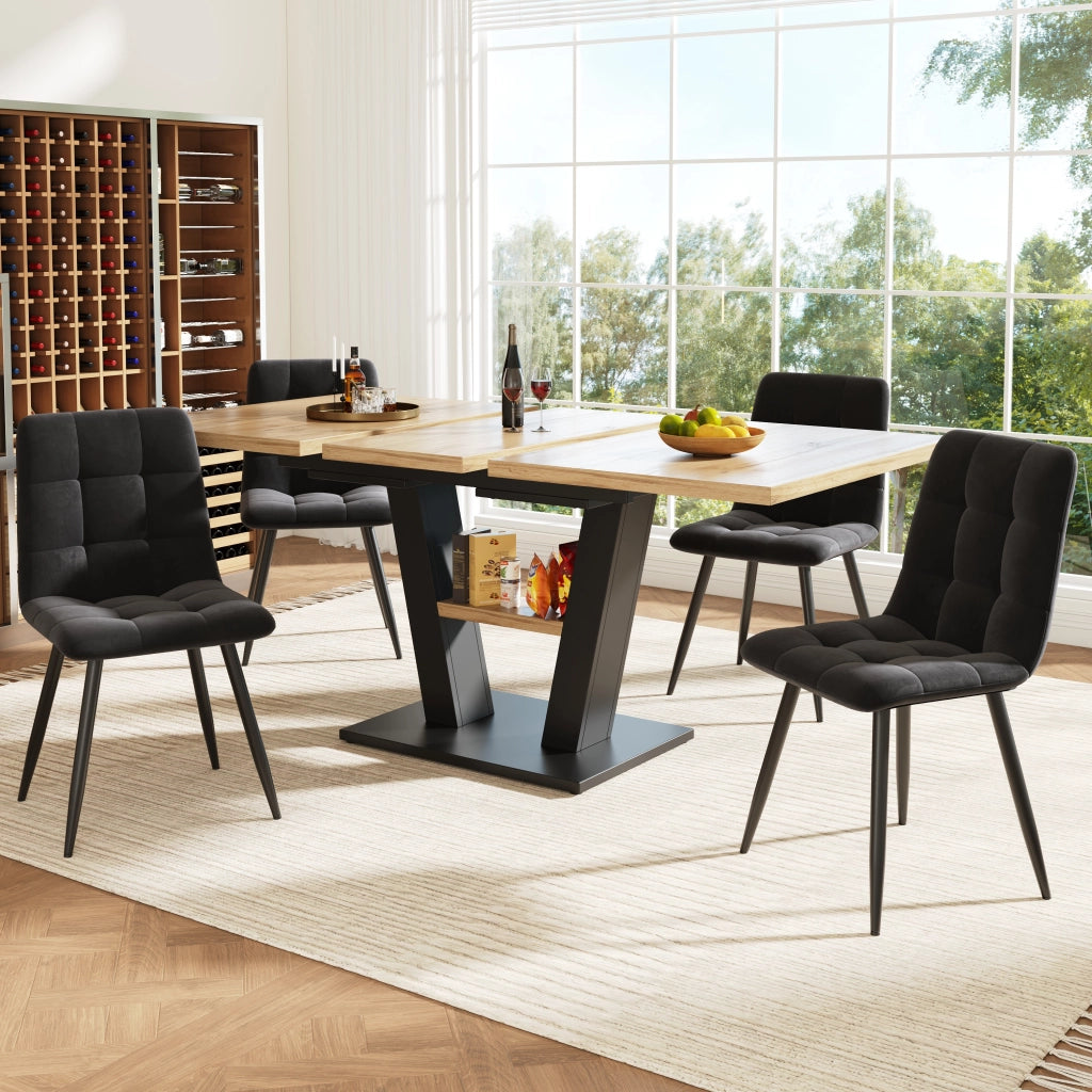 Tavolo da pranzo allungabile con 4 sedie, struttura in MDF e metallo, nero e naturale, 118 × 70 × 75 cm