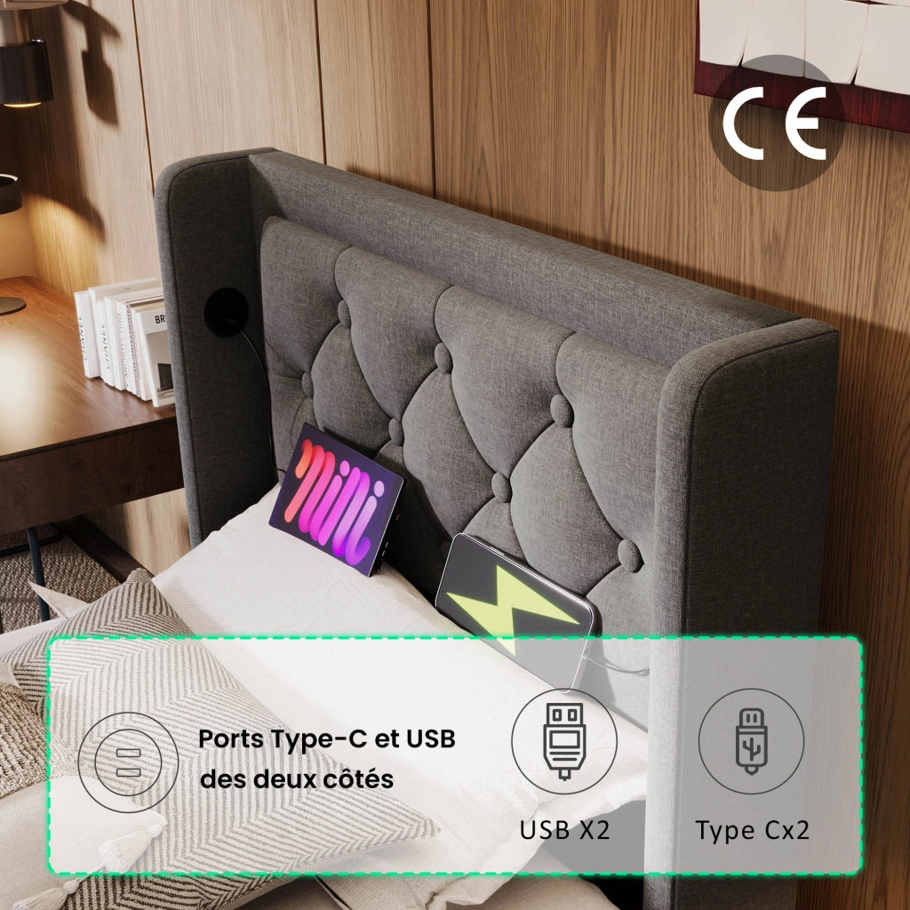 Letto Contenitore 140×200 cm; Letto Matrimoniale con USB; LED Regolabile e Mensola; senza Materasso