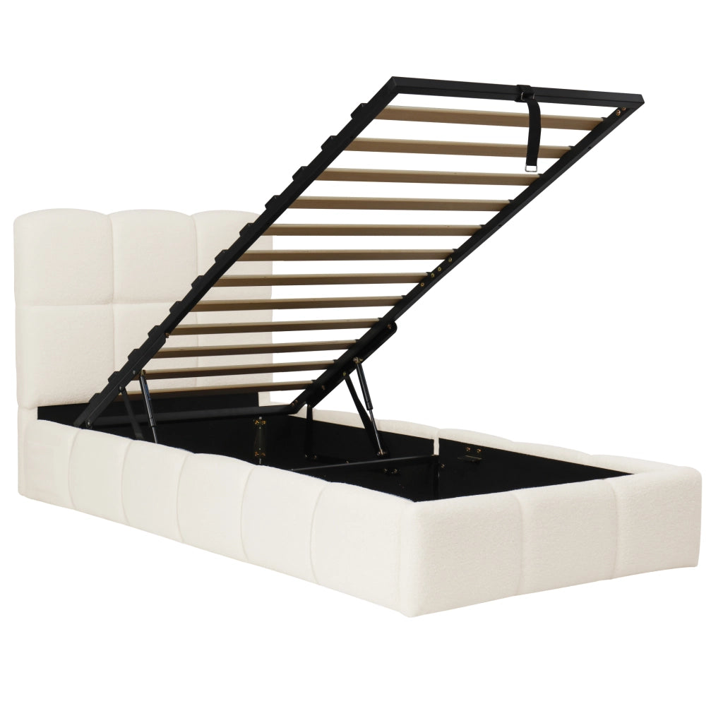 Letto singolo imbottito 90x200 cm con contenitore idraulico, rete a doghe, USB-C e rivestimento bouclé beige
